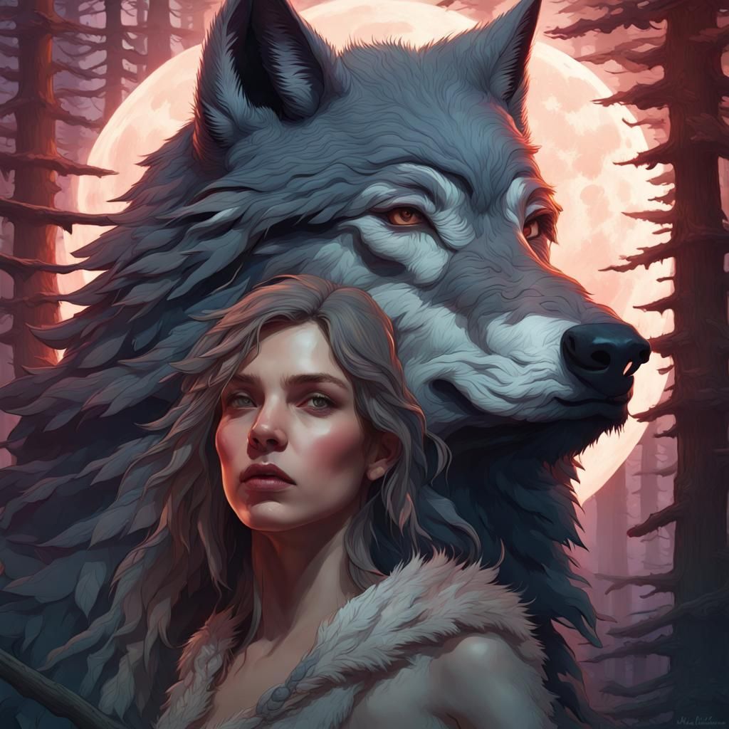 Wolf and Woman Portrait under Crescent Moon, Detailed Art