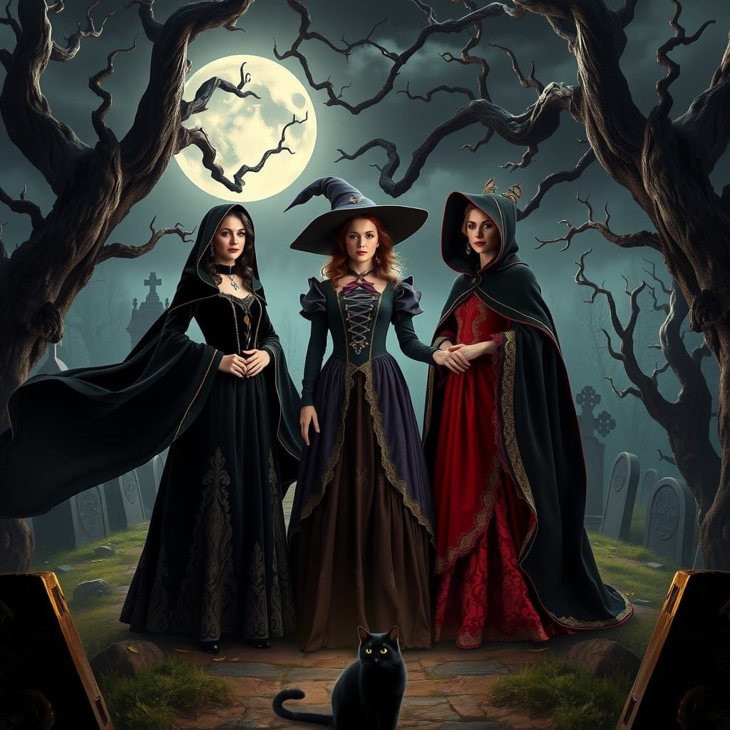 Witches Unite in Haunted Cemetery, under Full Moon's Silvery...