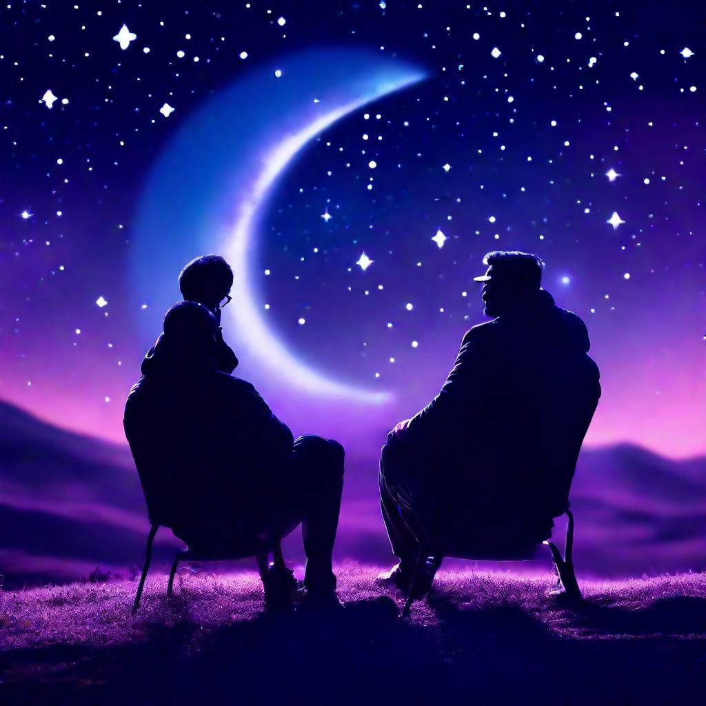 Men on Crescent Moons Stargazing in Space