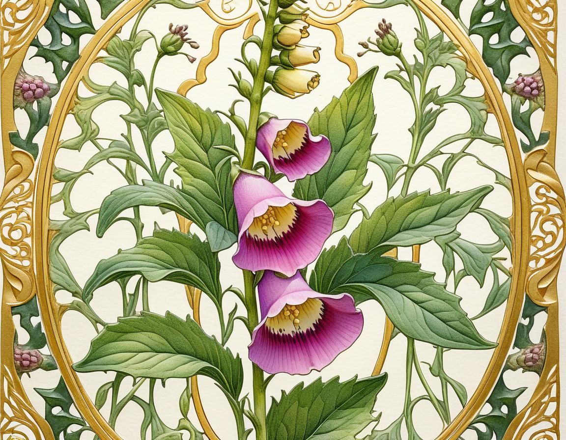 Foxglove Bloom Watercolor in Art Nouveau Style