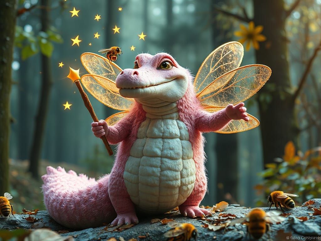 Crocodile Fairy Draws Magic in Cozy Forest