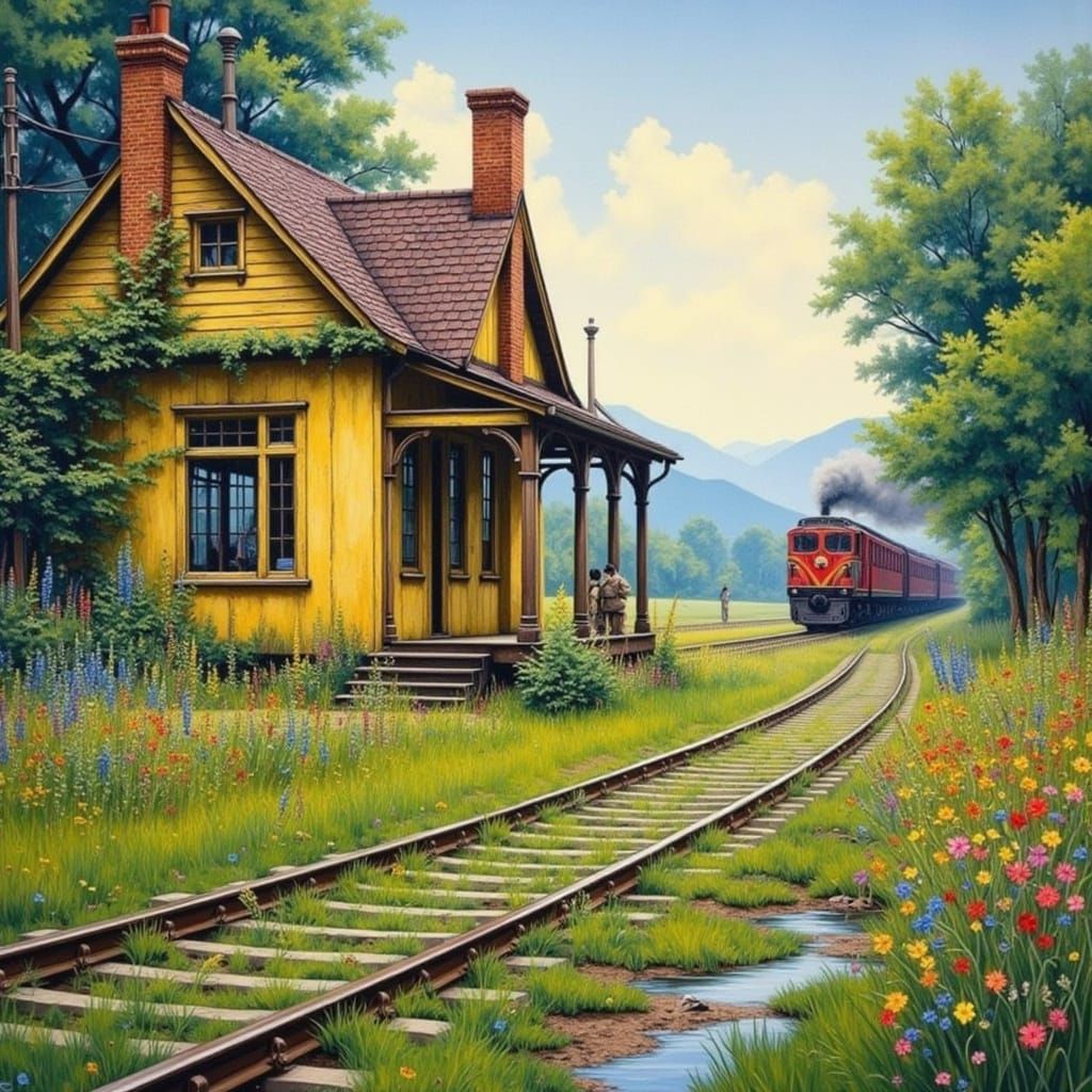 Surreal 19th-Century Train Station in Vibrant Emerald Landsc...