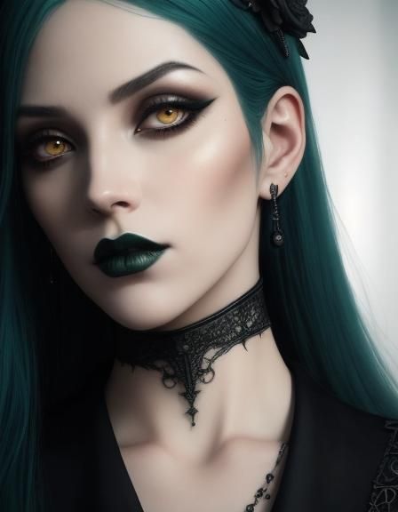 Beautiful gothic young lady with long teal green hair and brown eyes with black eyeshadow with black eyeliner and black ...