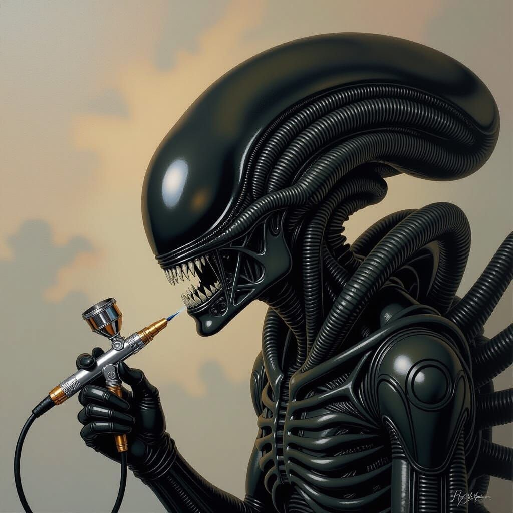 Biomechanical Portrait in Giger Style Airbrush Art