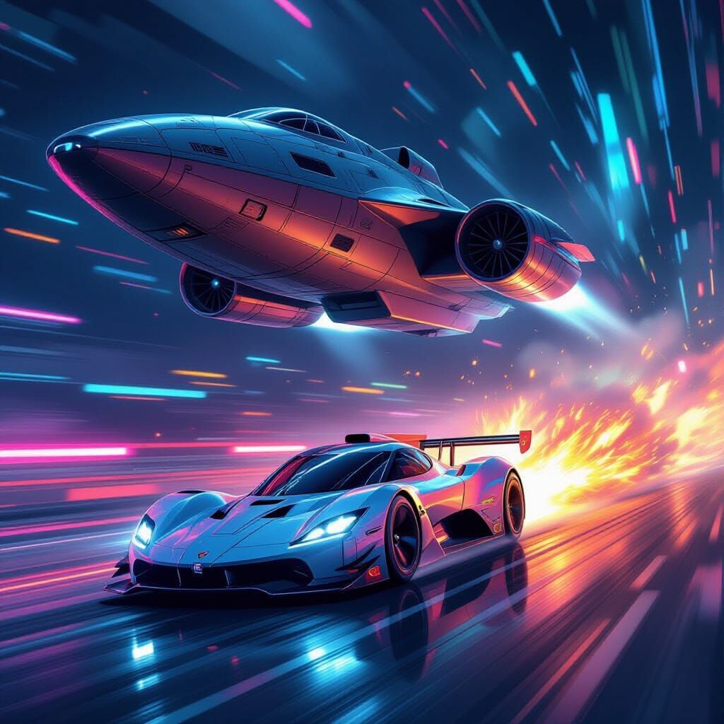 Futuristic Race Car Speeds Towards Spaceship with Neon Light...