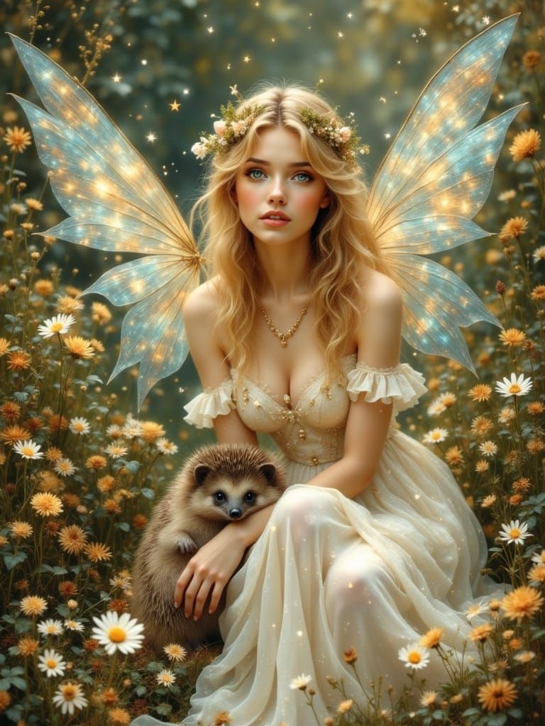 Ethereal Fairy Goddess with Iridescent Wings and Flowers