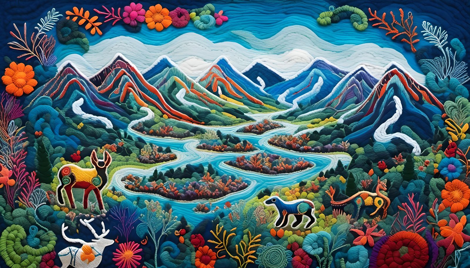 Huichol Yarn Painting of a Biogeographic Wildlife Map