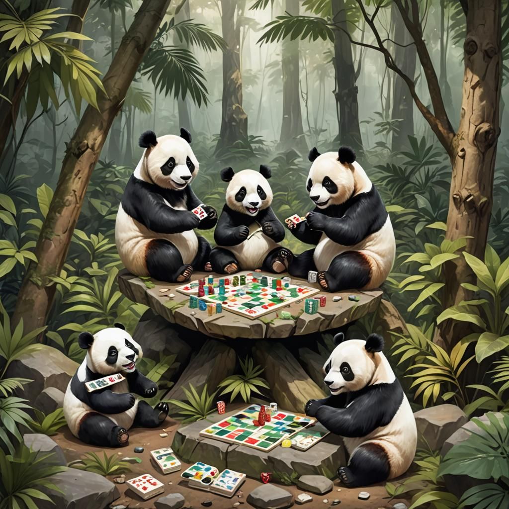 Pandas Family Game Night in Tropical Forest