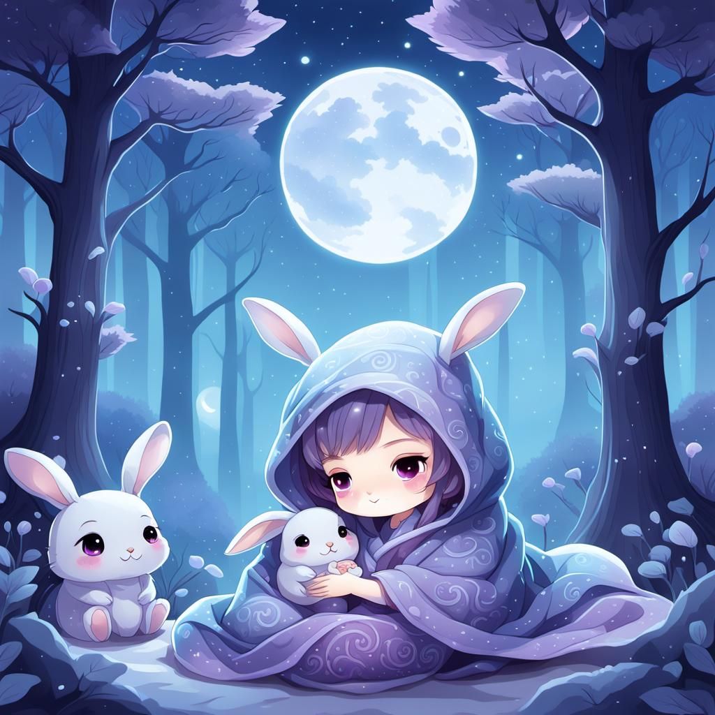 Chibi Comforts Bunny in Moonlight, Kawaii Style