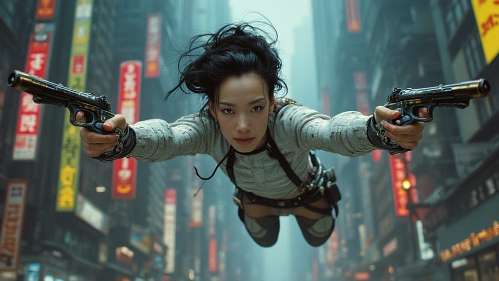 Cyberpunk Action Hero in Flight