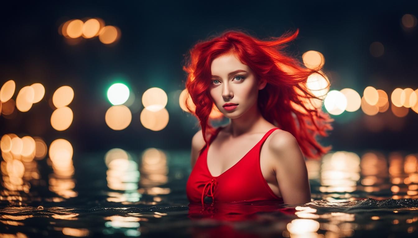 Redhead Woman Posing in Lake at Night