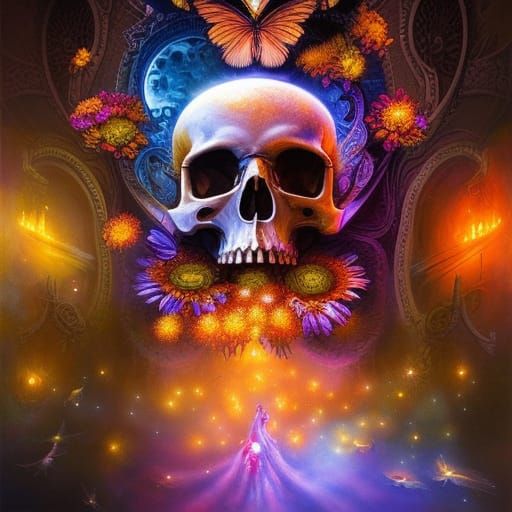 Skull with Daisies and Butterflies in Fantasy Style