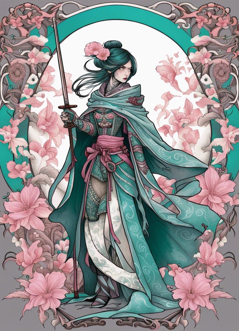 Art Nouveau Flower Samurai in Dark Fantasy Style