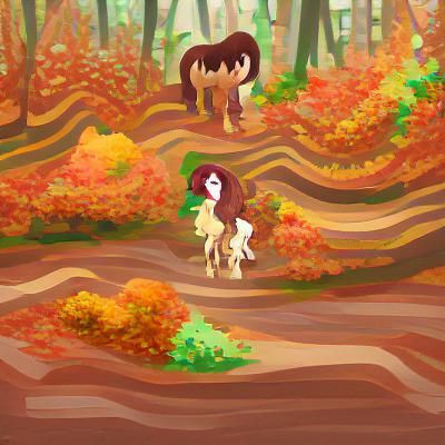 Woman and Pony Stroll in Autumn Forest