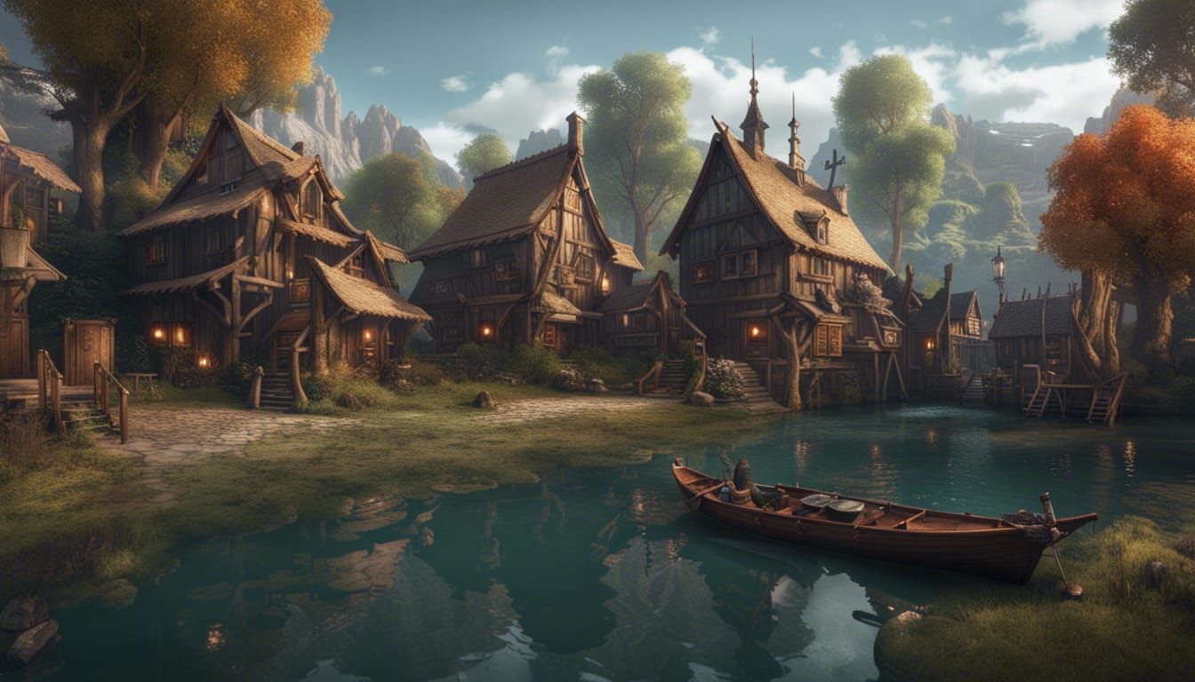 Fantastical Lakeside Hobo Village in High Fantasy Style