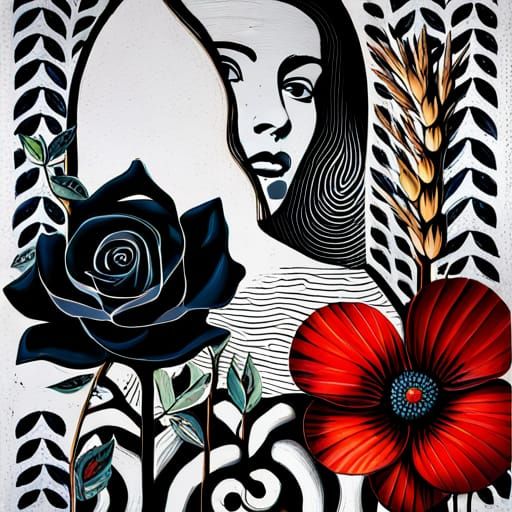 Mixed Media Painting with Black Rose and Heart