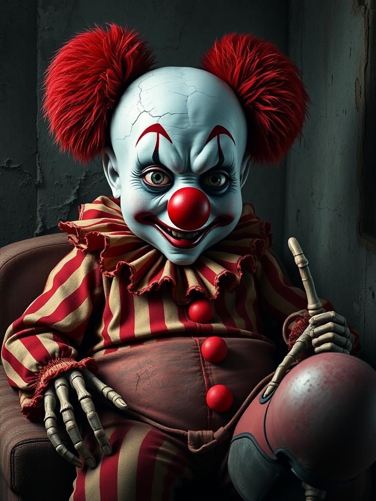 Eerie Clown with Red Pom-Poms in Digital Art Style