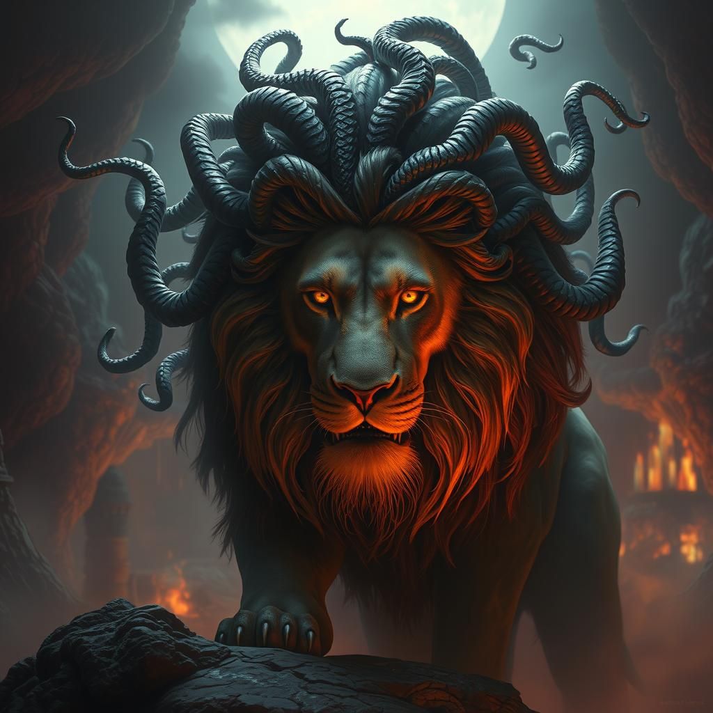 Lion with Medusa Hair in Dark Fantasy Style