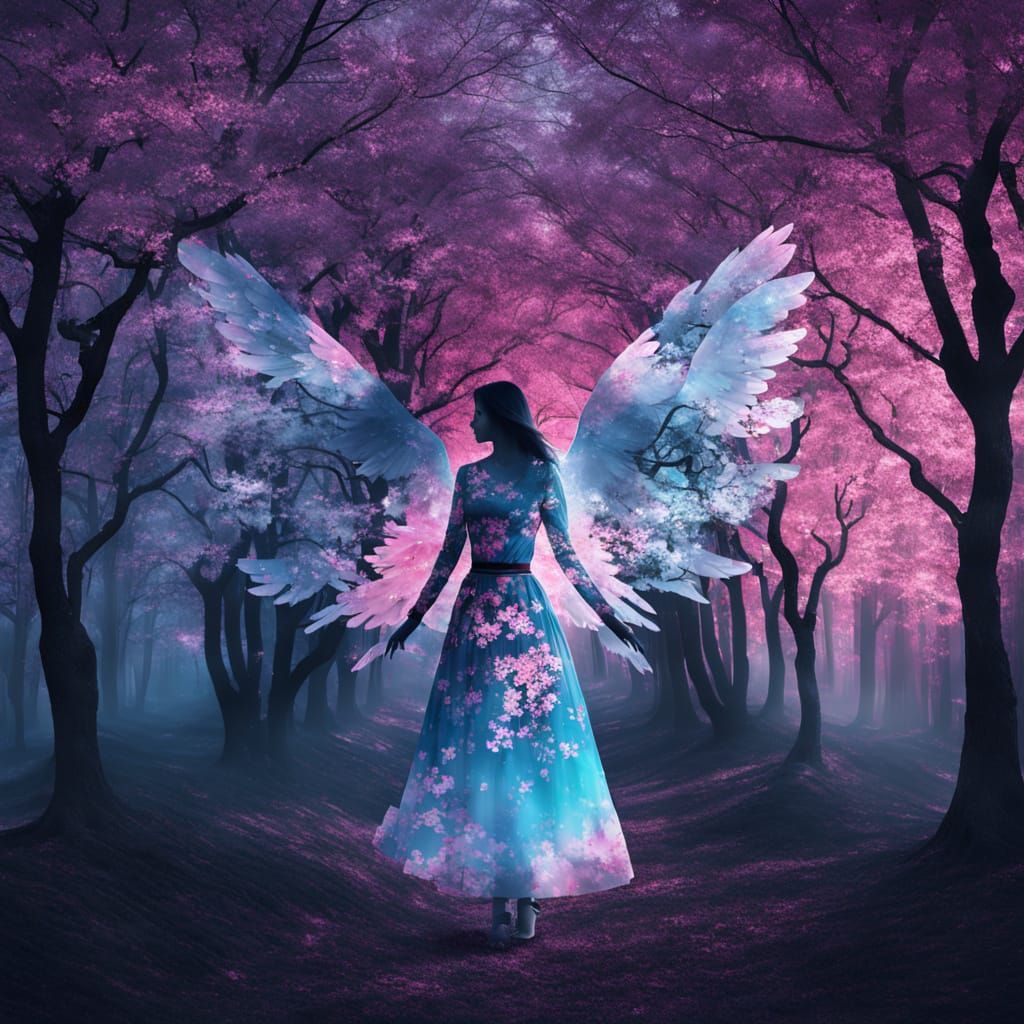 Angel Amidst Vibrant Sakura Blooms at Sunrise