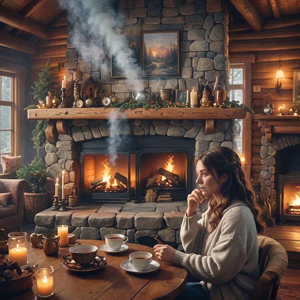 Cozy Cabin: Woman Drinking Tea by Fireplace