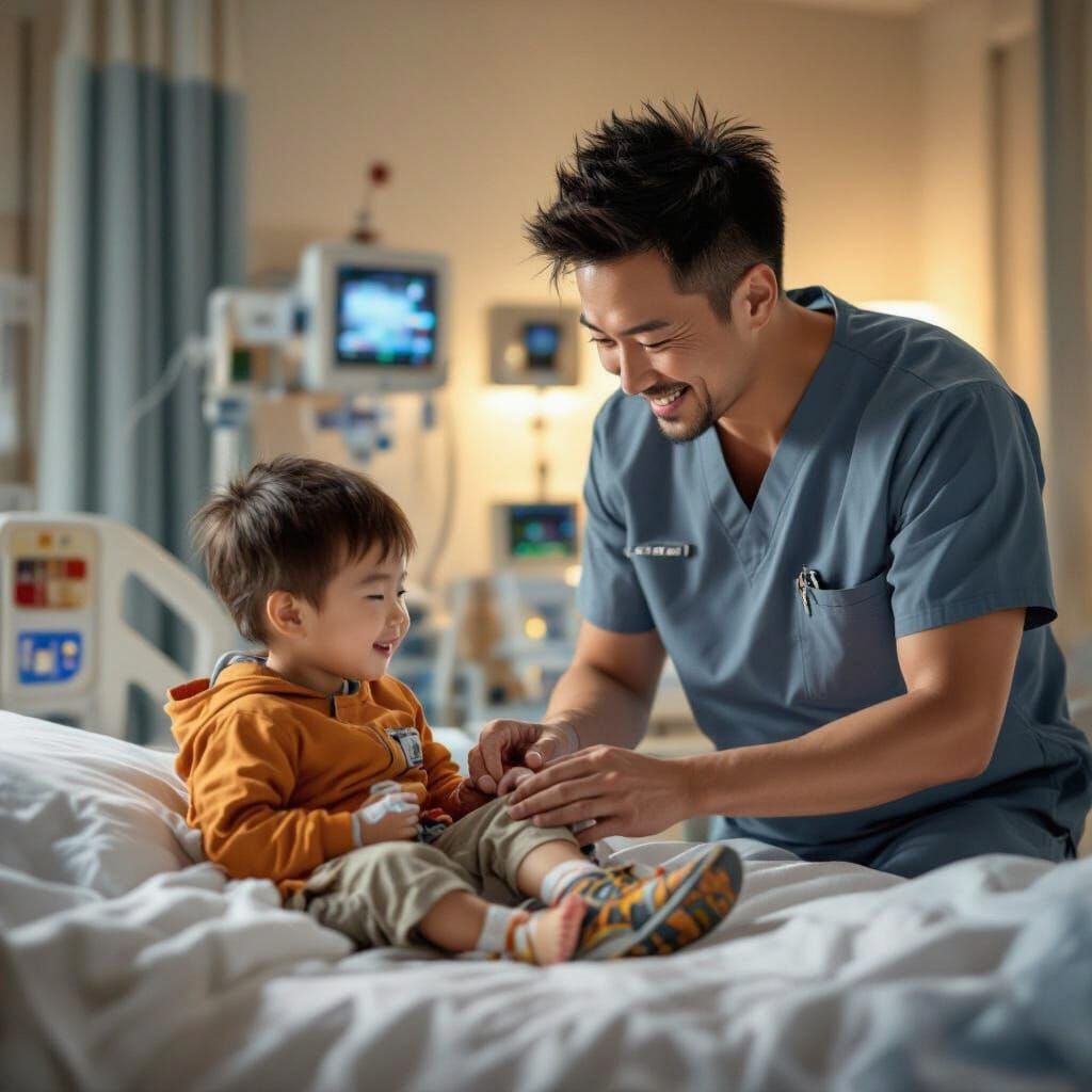 A chinese father and chinese child and a doctor are in the h...