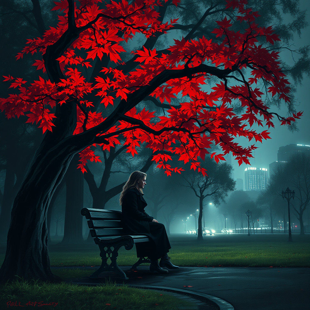 Contemplative Woman in Park at Night, Impasto Painting