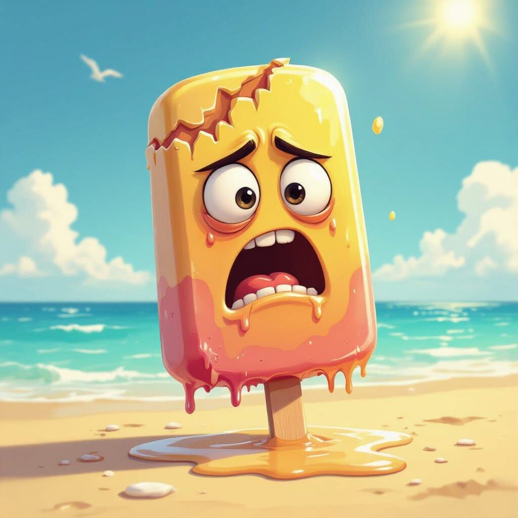 Melting Popsicle Character with Bite Mark in Caricature Styl...