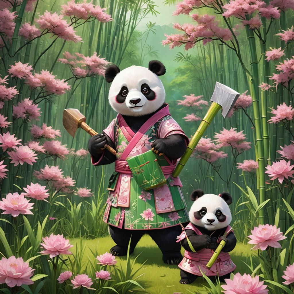 Pink Panda Learns Bamboo Cutting in Anime Style