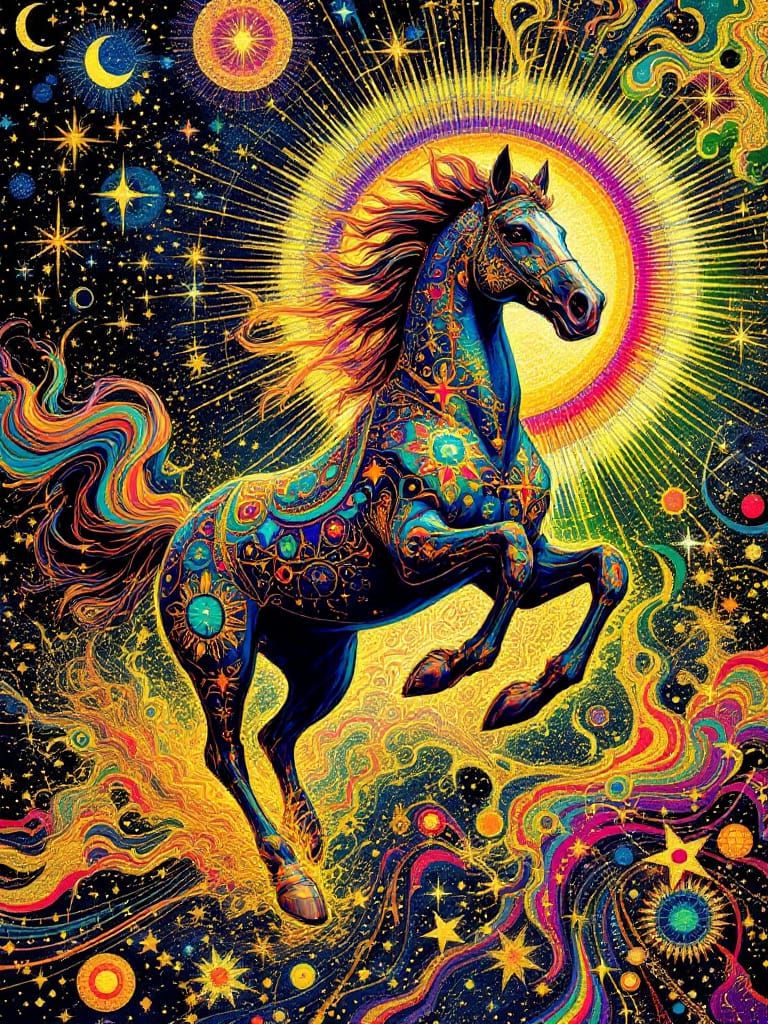 Cosmic Horse Gallops Through Stars in Psychedelic Style