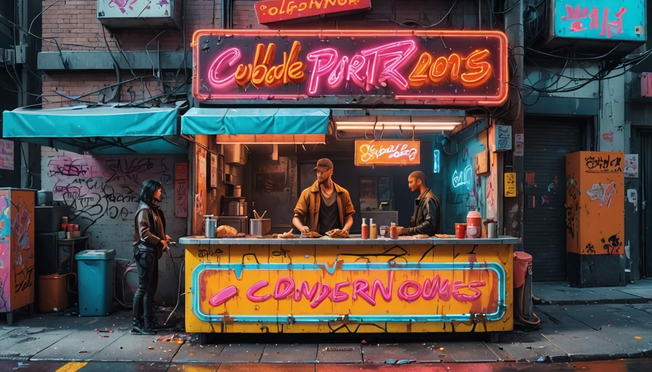Cyberpunk Hot Dog Stand in Neon Alley