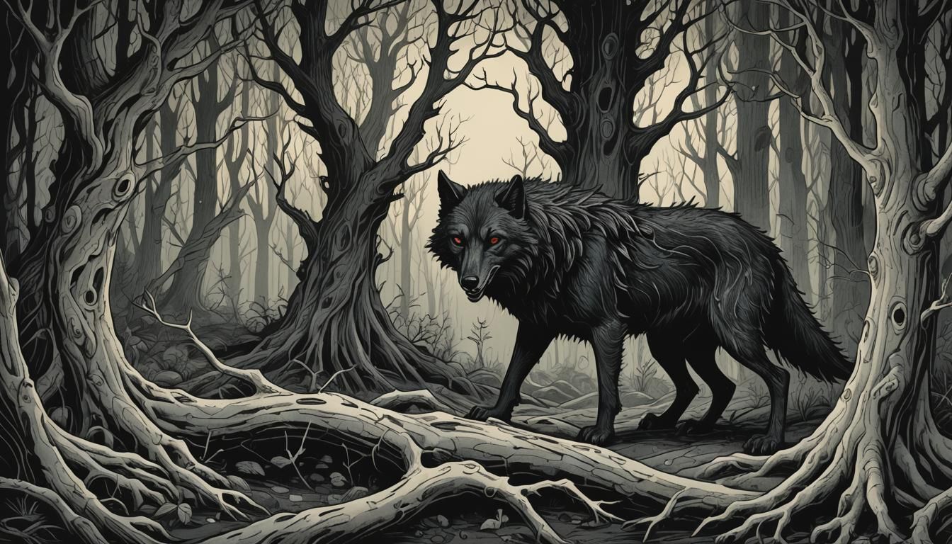 Nightmarish Black Wolf Creature in Dark Whimsical Forest