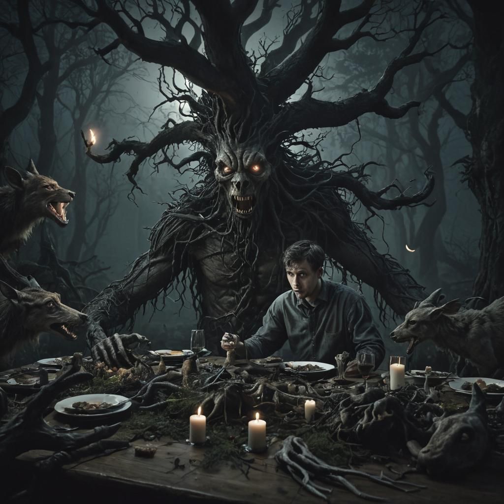 Eerie Forest Feast: Dark Fantasy Illustration