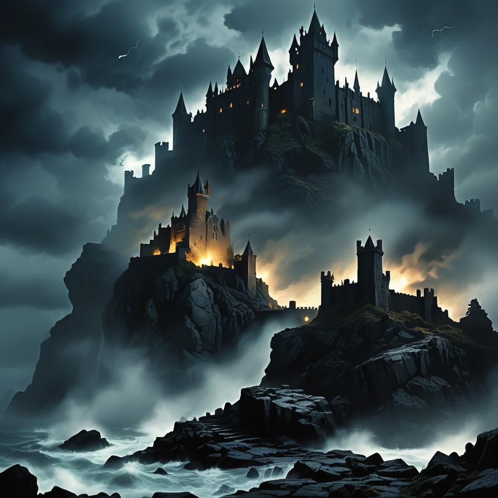 Dark Fantasy Castle on Rocky Outcrop in Digital Art