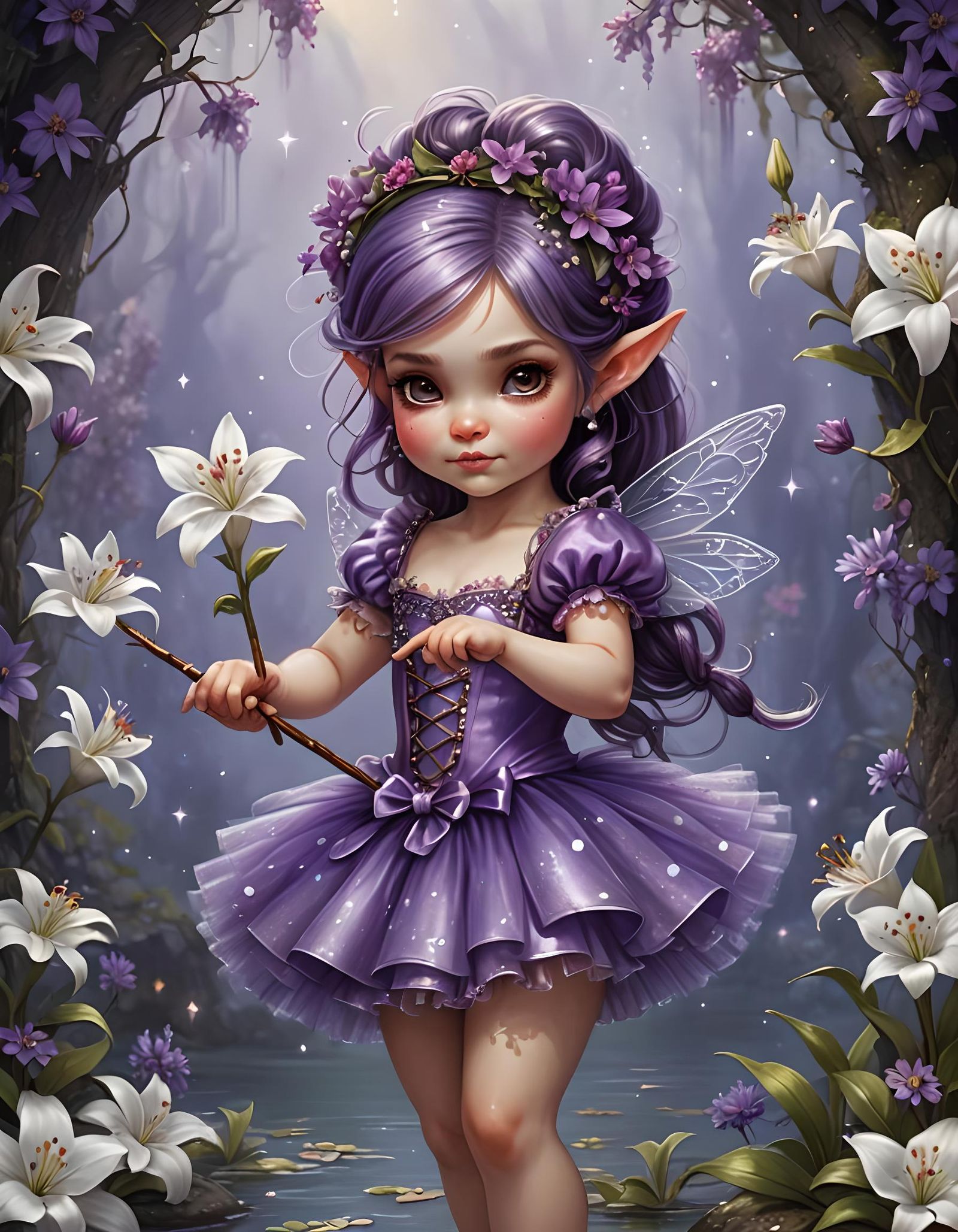 Whimsical Dwarf Fairy with Magic Wand in Airbrush Painting