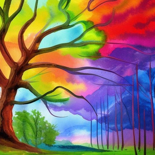 Rainbow Lightning Tree in Gouache Watercolor Style
