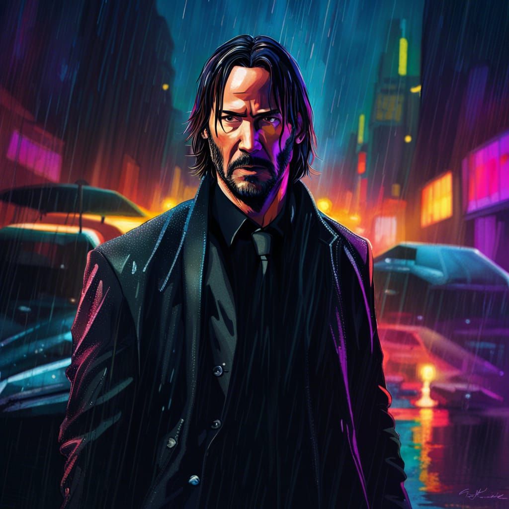 Hyperrealistic John Wick with Knife in Rain