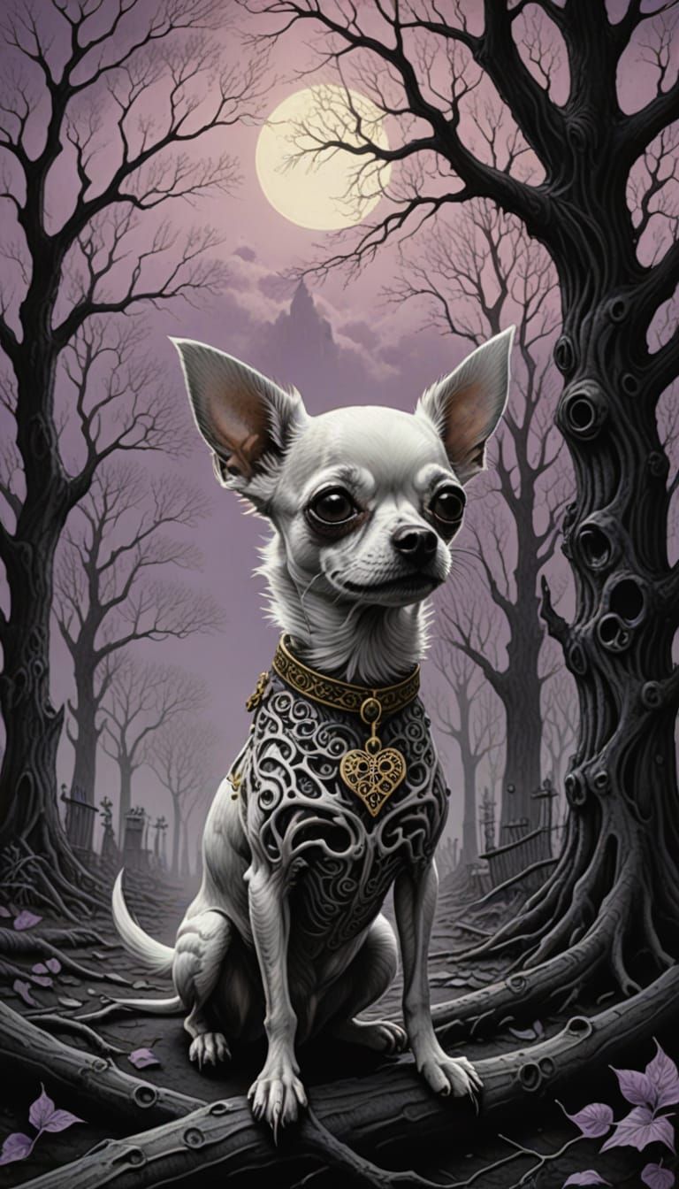 Gothic Day of the Dead Chihuahua Amidst Twisted Tree Roots