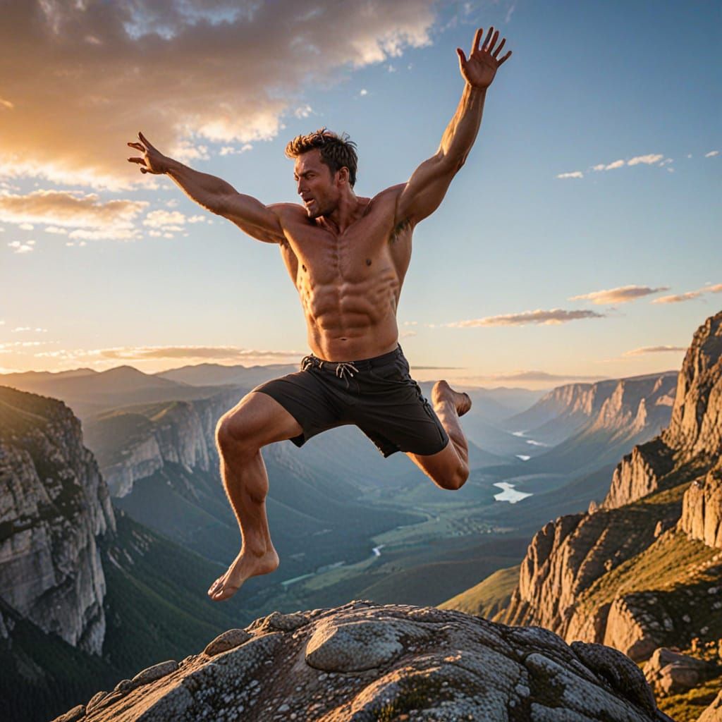 Muscular Man in Mid-Air with Breathtaking Landscape