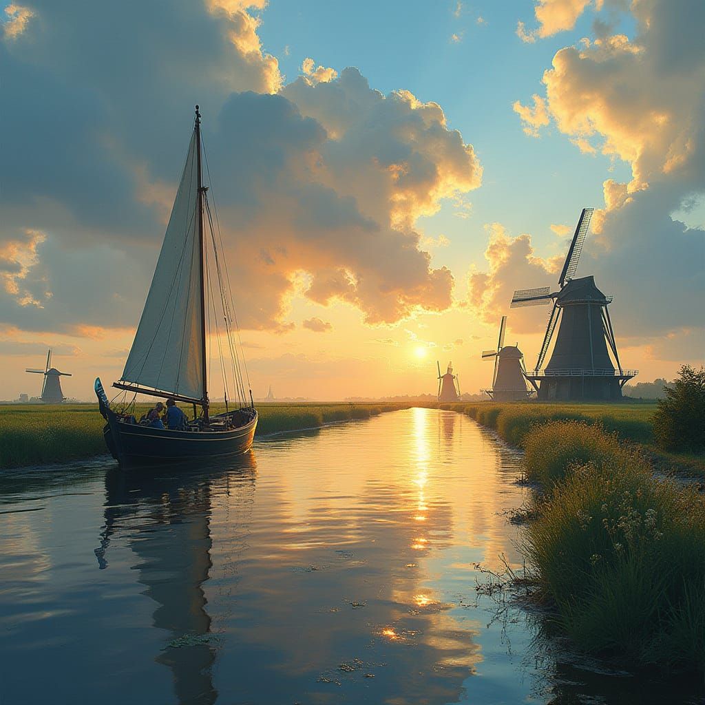 Dramatic Dutch Landscape with Sailboat and Windmills in Gold...