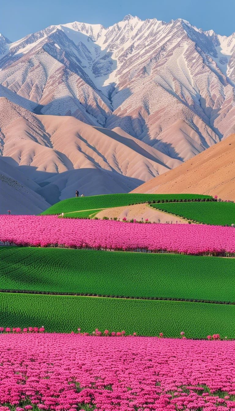 Iran Landscape: Sunrise Over Mountain Flower Fields