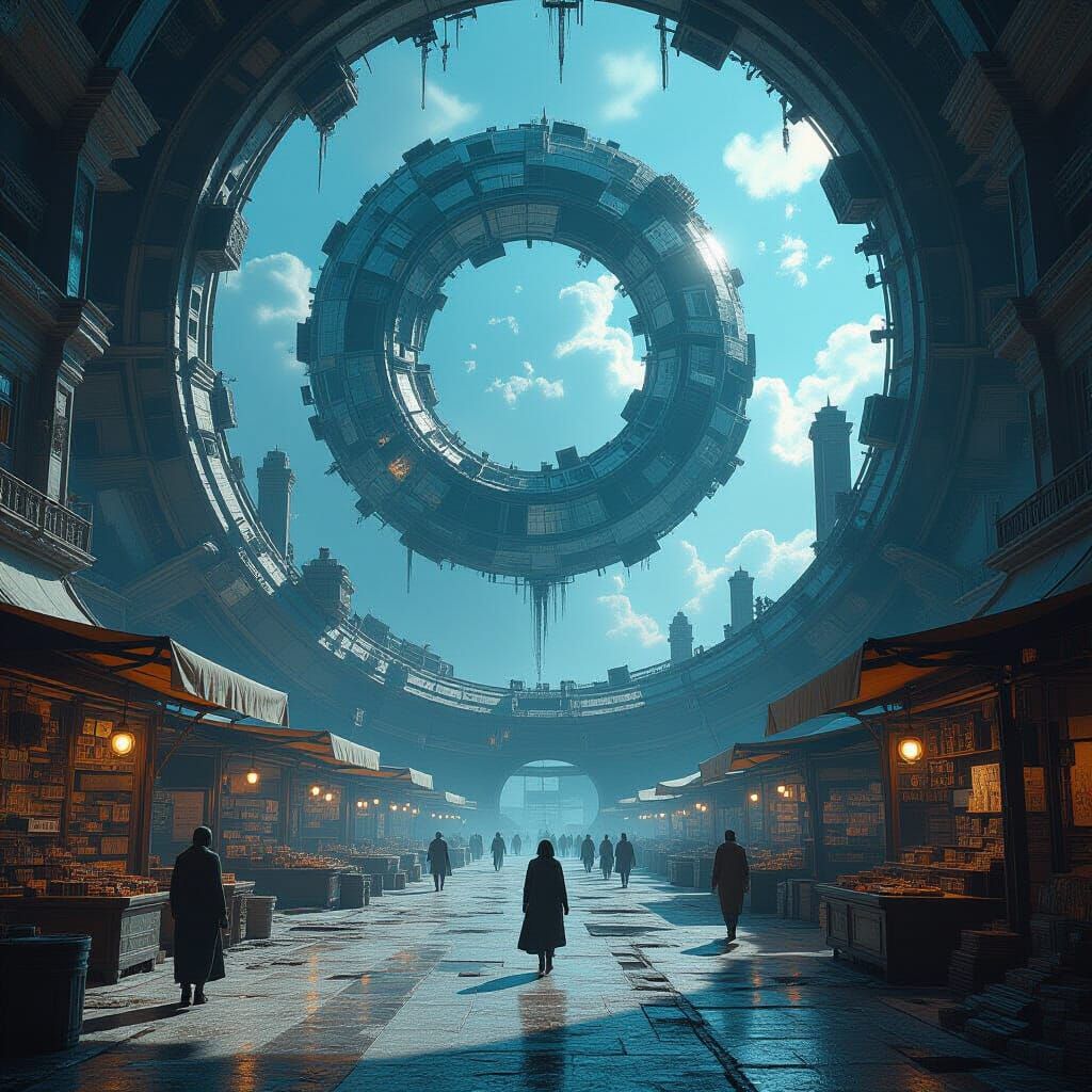 Abandoned Dyson Sphere Bazaar with Crystal Growth