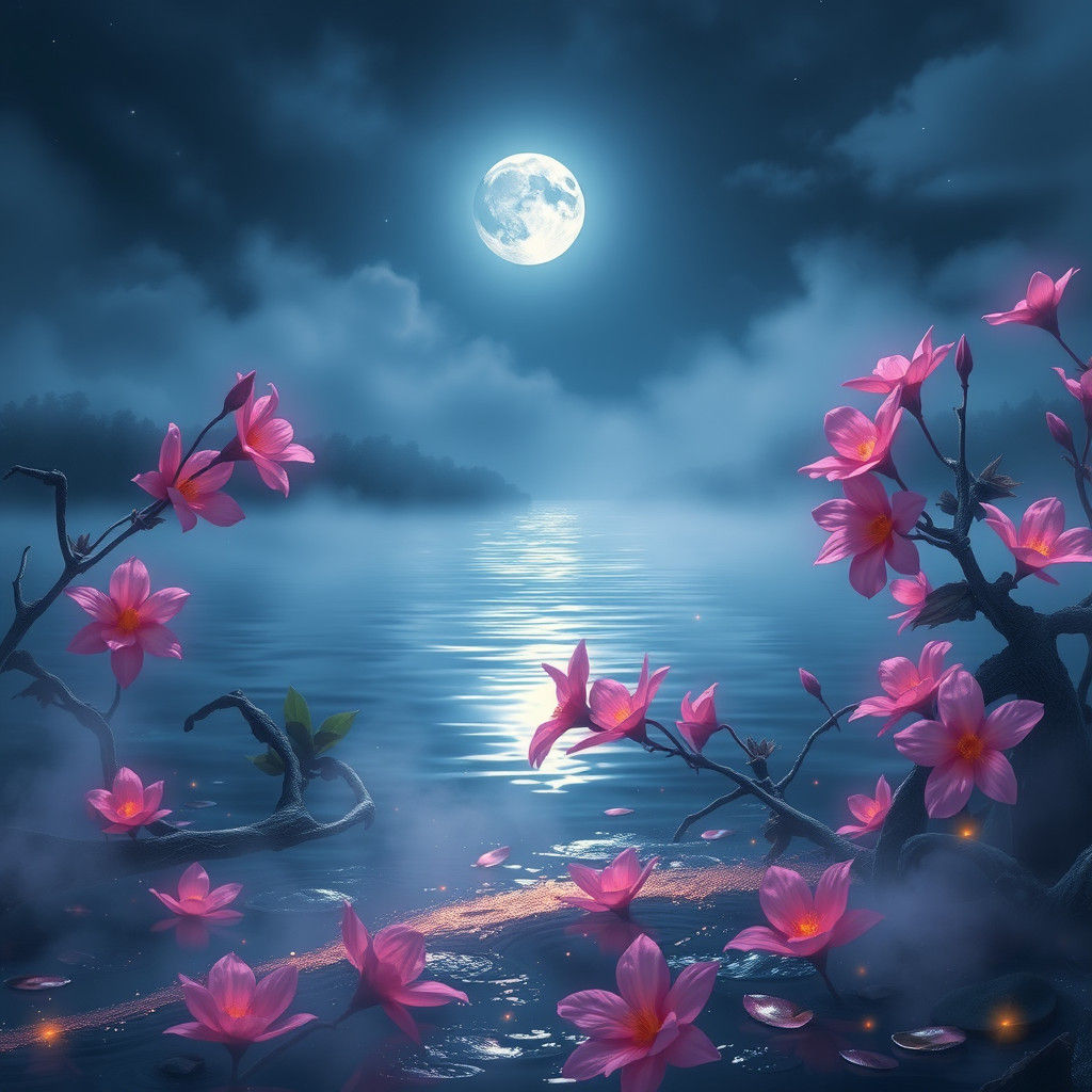 Mystical Lagoon with Glowing Flowers in Kinkade Style