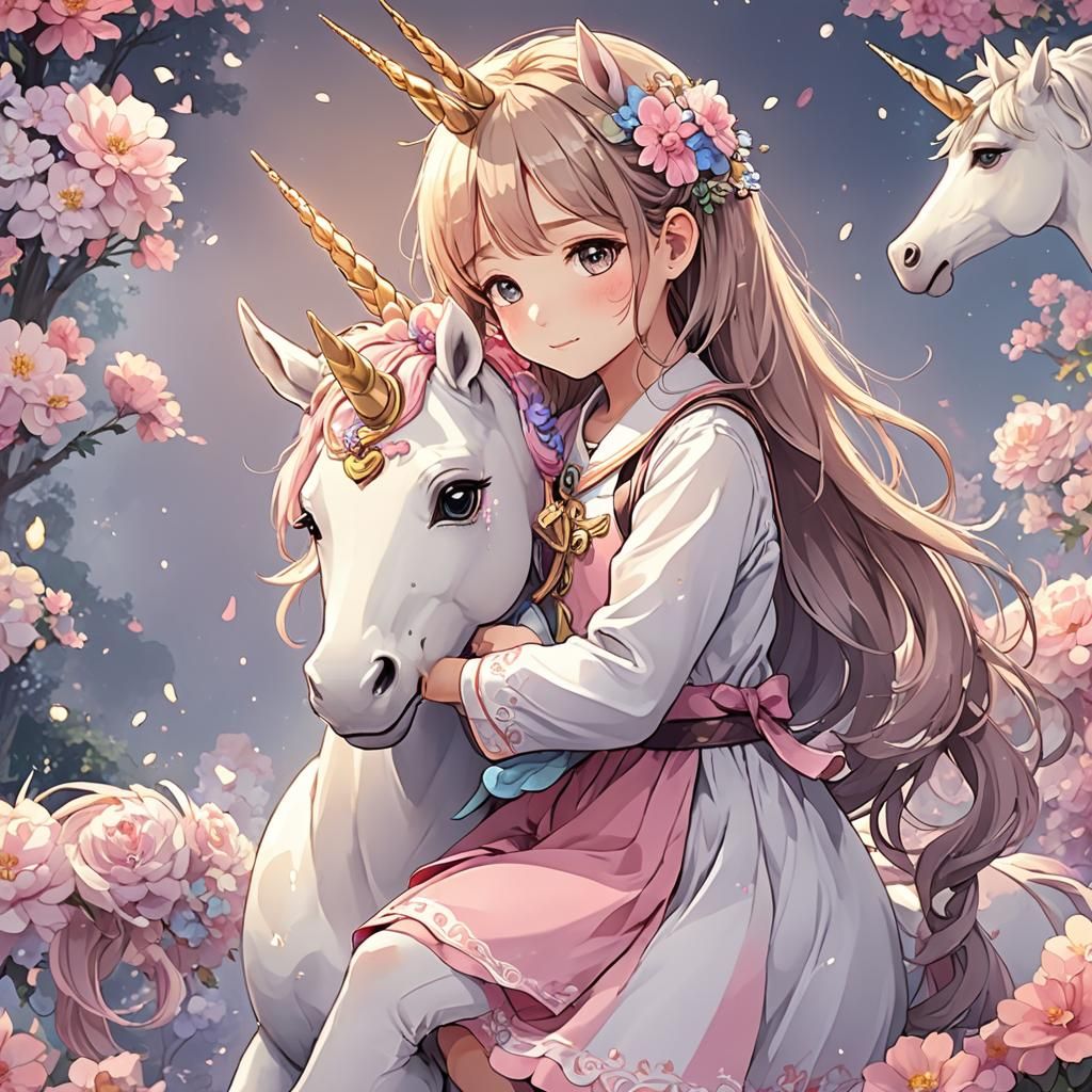 Cute Girl Hugging Unicorn in Anime Style
