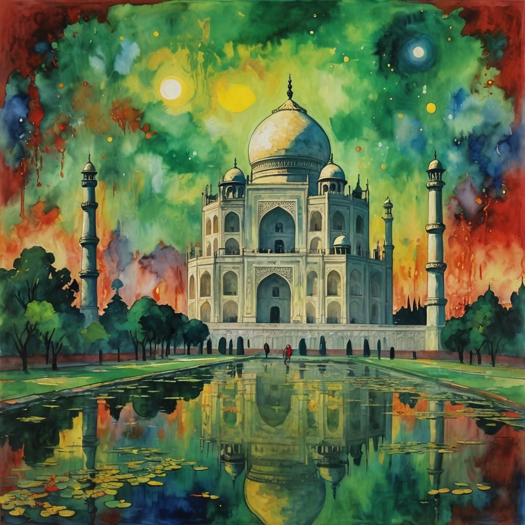 Taj Mahal at Night Watercolor Painting