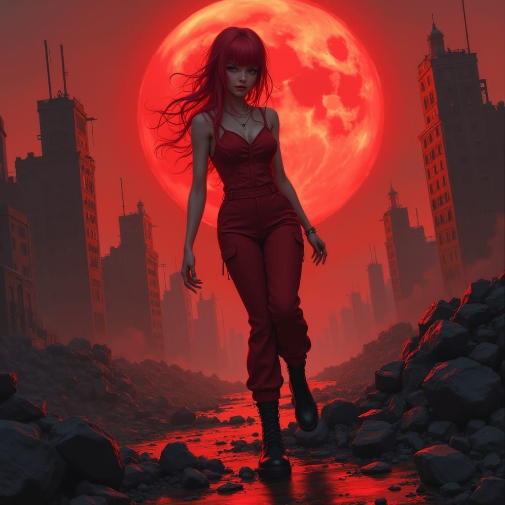 Woman Navigates Red Post-Apocalyptic Cityscape Under Blood M...