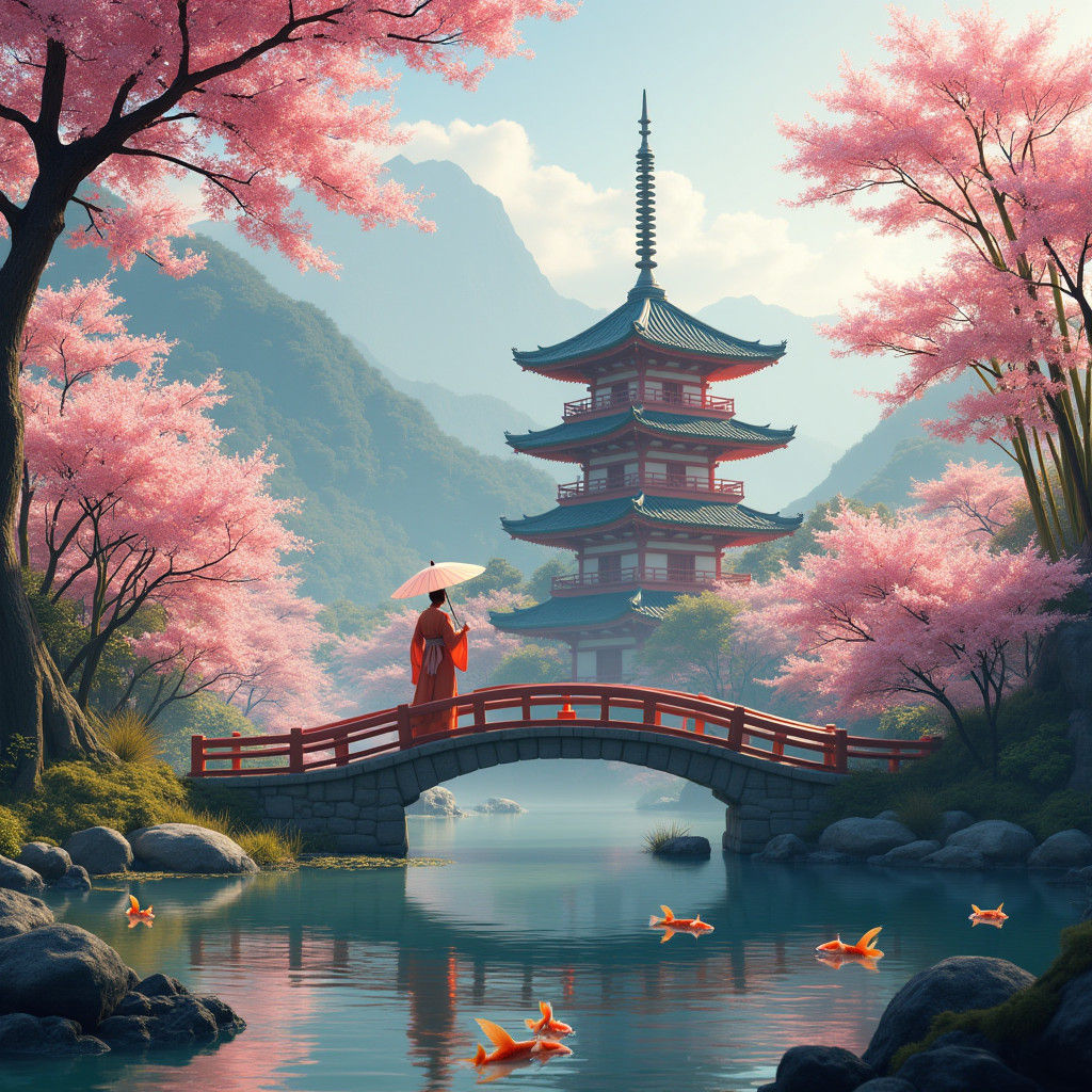 Far East Pagoda with Cherry Blossoms in Matte Painting