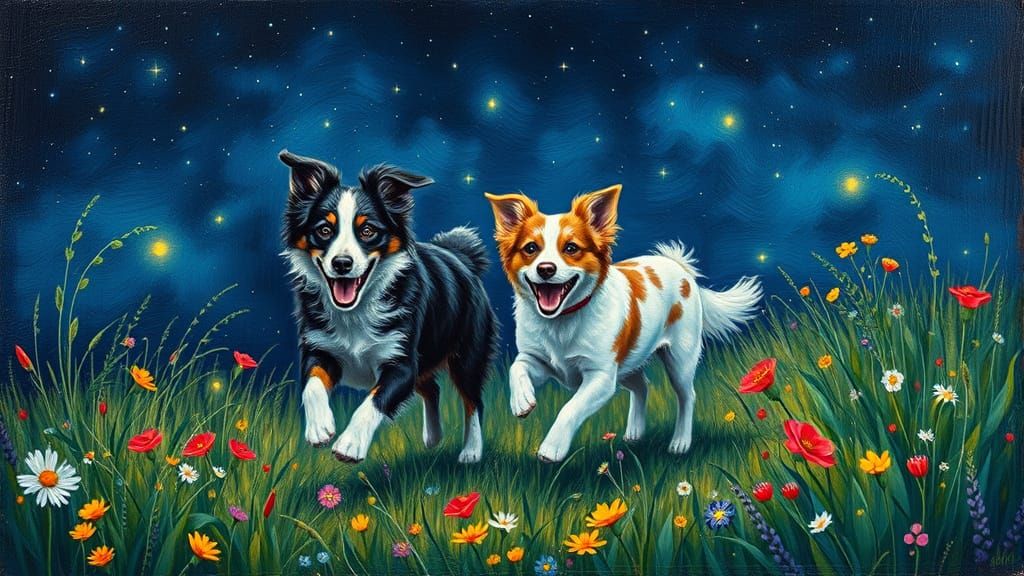 Dogs Chasing Fireflies in a Starry Meadow