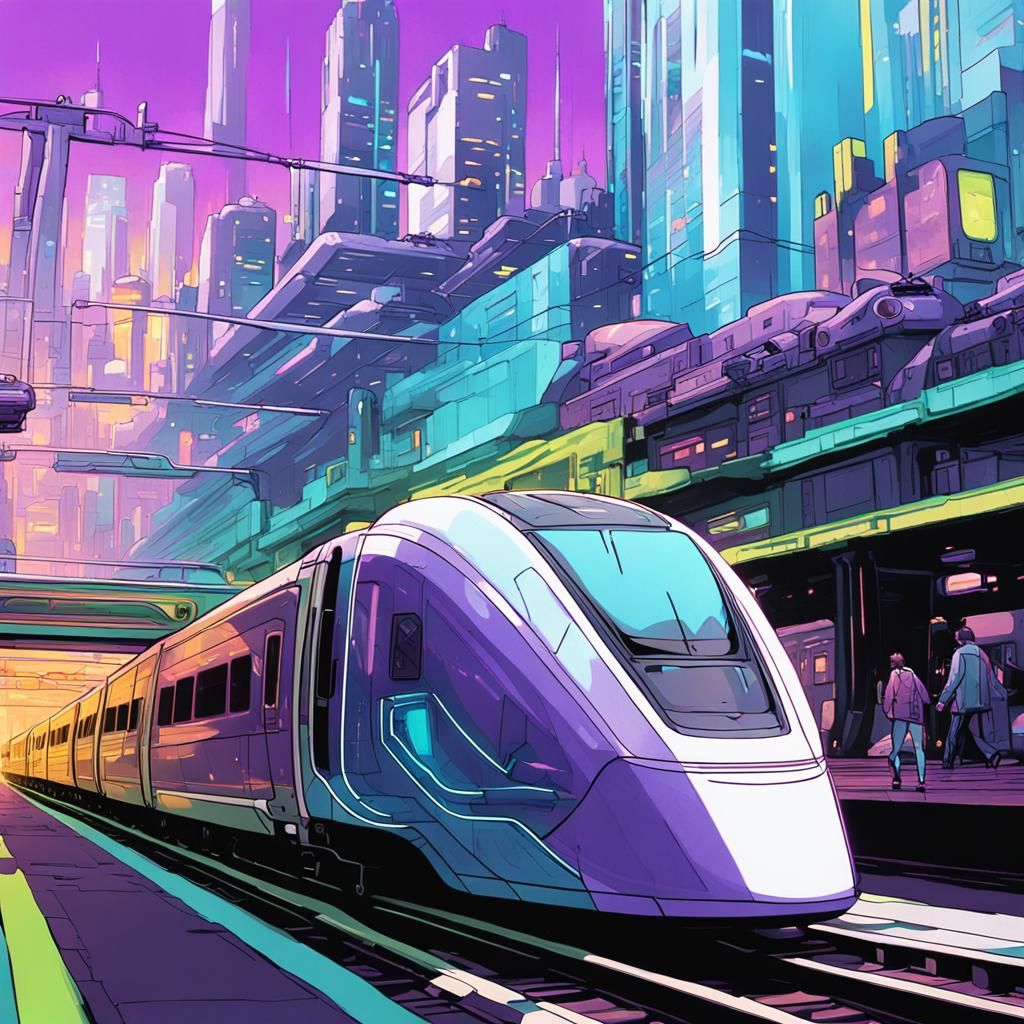 Cyberpunk Cat Train in Futuristic Neotokyo City