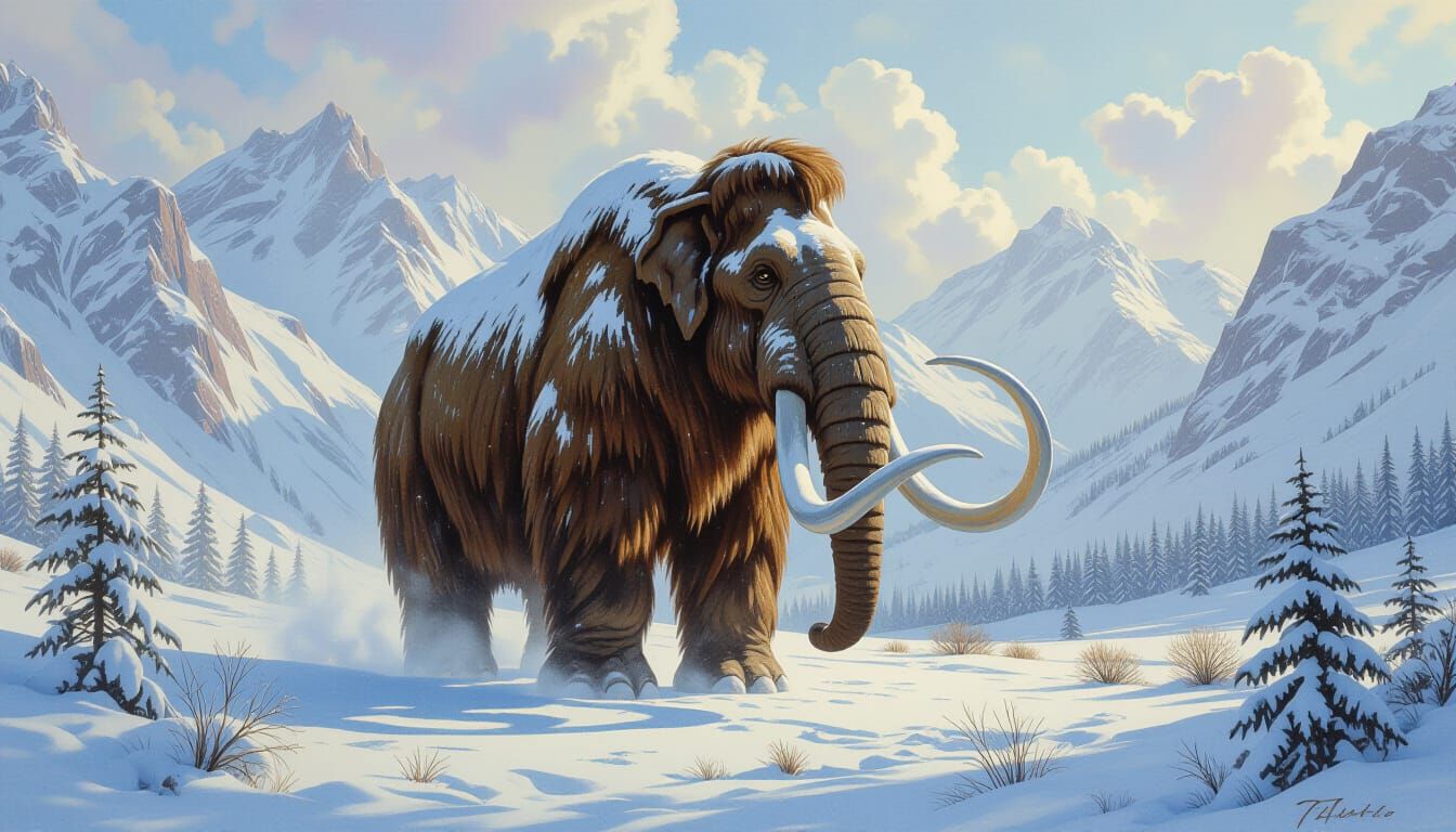 Woolly Mammoth in Snowy Blizzard, Pastel Painting