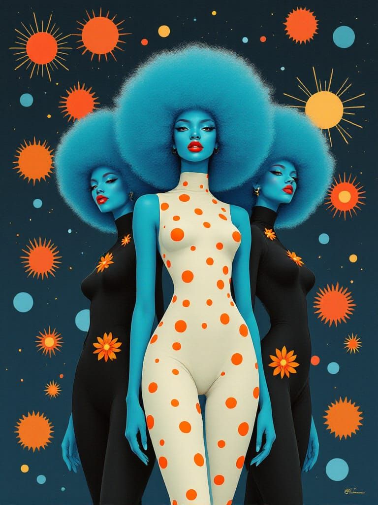 Elegant Women in Night Sky with Cosmic Suns